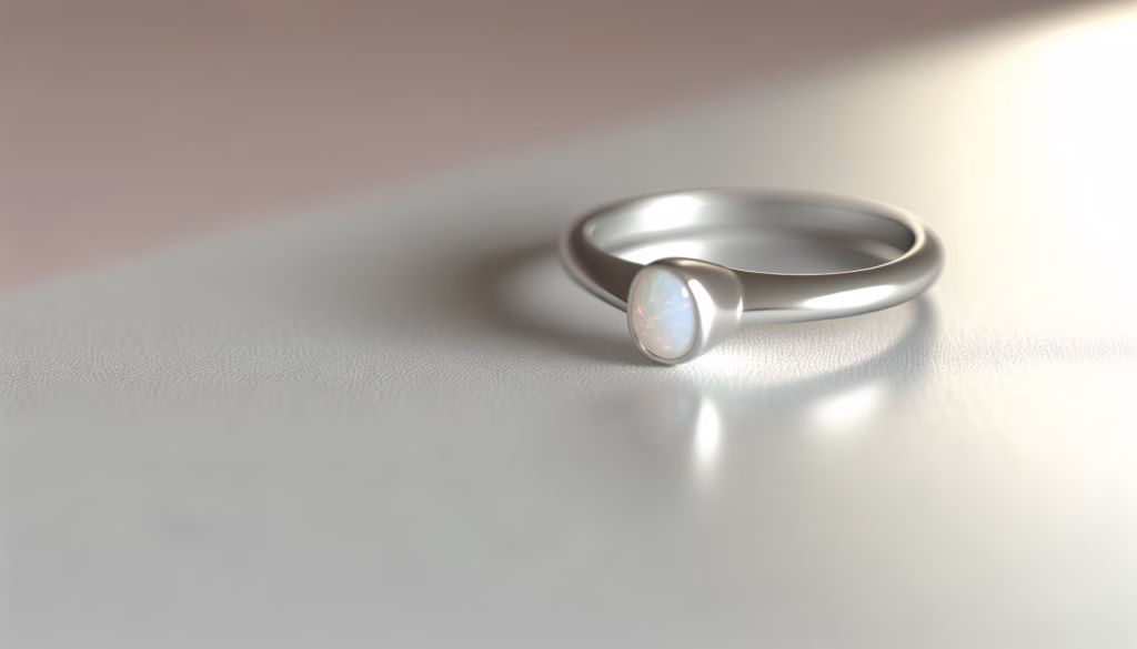 Ein silberner Ring mit einem schillernden Opalstein liegt auf einer hellen Oberfläche.