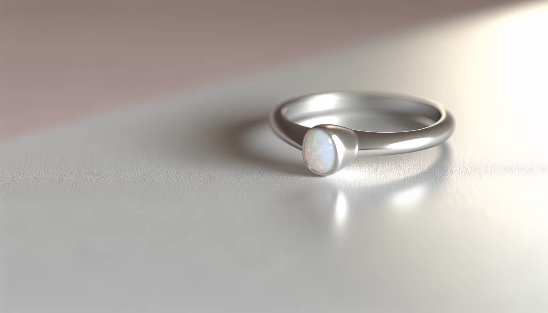 Ein silberner Ring mit einem schillernden Opalstein liegt auf einer hellen Oberfläche.