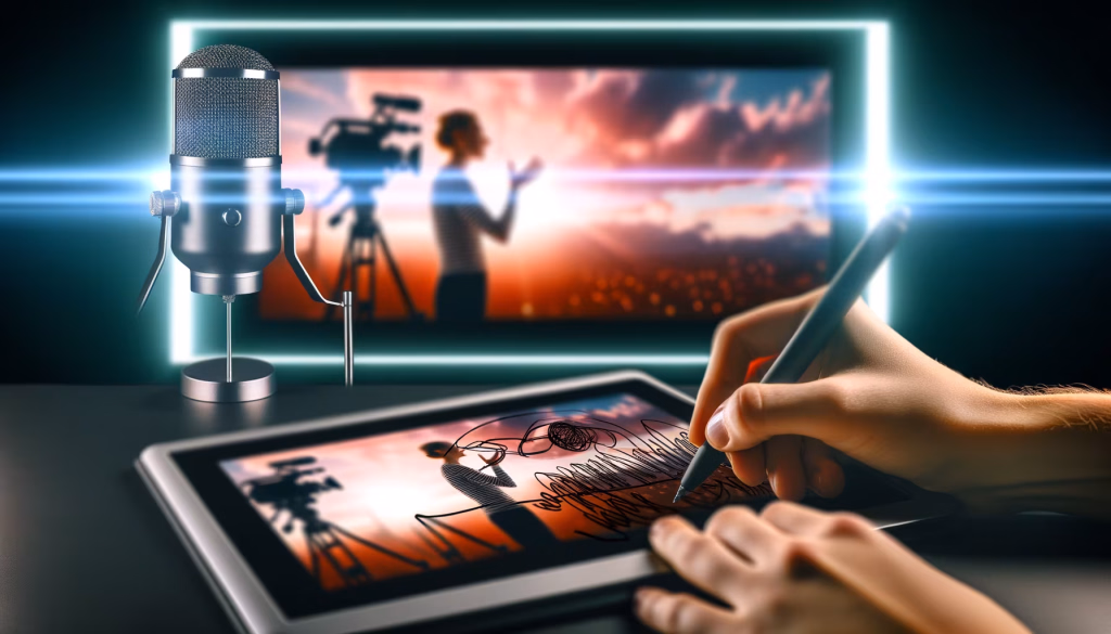 **Textvorschlag:** In der heutigen digitalen Welt verschmelzen traditionelle Medien mit innovativen Technologien. Ob beim Podcasting, Vlogging oder der digitalen Kunst – die Möglichkeiten, Geschichten zu erzählen und Inhalte zu gestalten, sind grenzenlos. Mit Mikrofon und Tablet verwandeln kreative Köpfe ihre Visionen in fesselnde Erlebnisse und bringen ihre Botschaft auf vielfältige Weise zum Publikum. **Alternativtext:** Ein Mikrofon, Hände, die mit einem Stift auf einem Tablet zeichnen, und ein unscharfer Bildschirm im Hintergrund, der eine sprechende Person und eine Kamera zeigt, symbolisieren die Erstellung digitaler Medieninhalte.