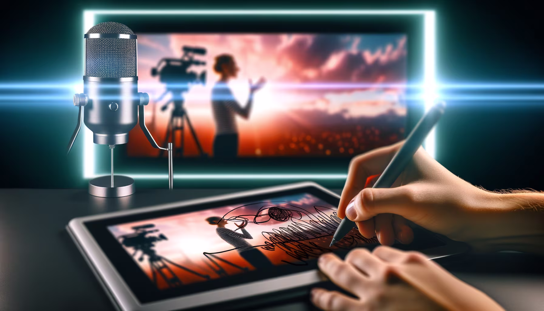 **Textvorschlag:** In der heutigen digitalen Welt verschmelzen traditionelle Medien mit innovativen Technologien. Ob beim Podcasting, Vlogging oder der digitalen Kunst – die Möglichkeiten, Geschichten zu erzählen und Inhalte zu gestalten, sind grenzenlos. Mit Mikrofon und Tablet verwandeln kreative Köpfe ihre Visionen in fesselnde Erlebnisse und bringen ihre Botschaft auf vielfältige Weise zum Publikum. **Alternativtext:** Ein Mikrofon, Hände, die mit einem Stift auf einem Tablet zeichnen, und ein unscharfer Bildschirm im Hintergrund, der eine sprechende Person und eine Kamera zeigt, symbolisieren die Erstellung digitaler Medieninhalte.
