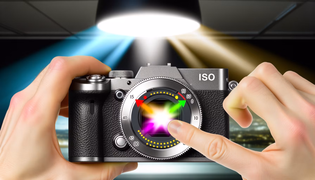 Zwei Hände halten eine moderne Digitalkamera, deren Objektiv eine leuchtende, interaktive Grafik mit farbigen Pfeilen und Punkten zur Lichteinstellung anzeigt. Ein Finger berührt die Linse.