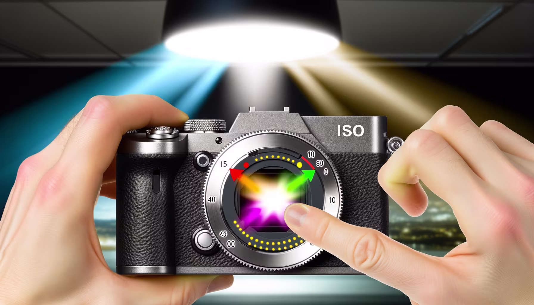 Zwei Hände halten eine moderne Digitalkamera, deren Objektiv eine leuchtende, interaktive Grafik mit farbigen Pfeilen und Punkten zur Lichteinstellung anzeigt. Ein Finger berührt die Linse.