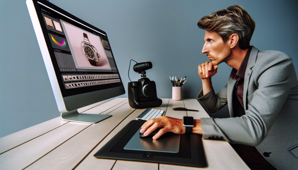 Ein Mann konzentriert sich auf die Bildbearbeitung einer Armbanduhr auf einem Computermonitor und nutzt dabei ein Grafiktablett.