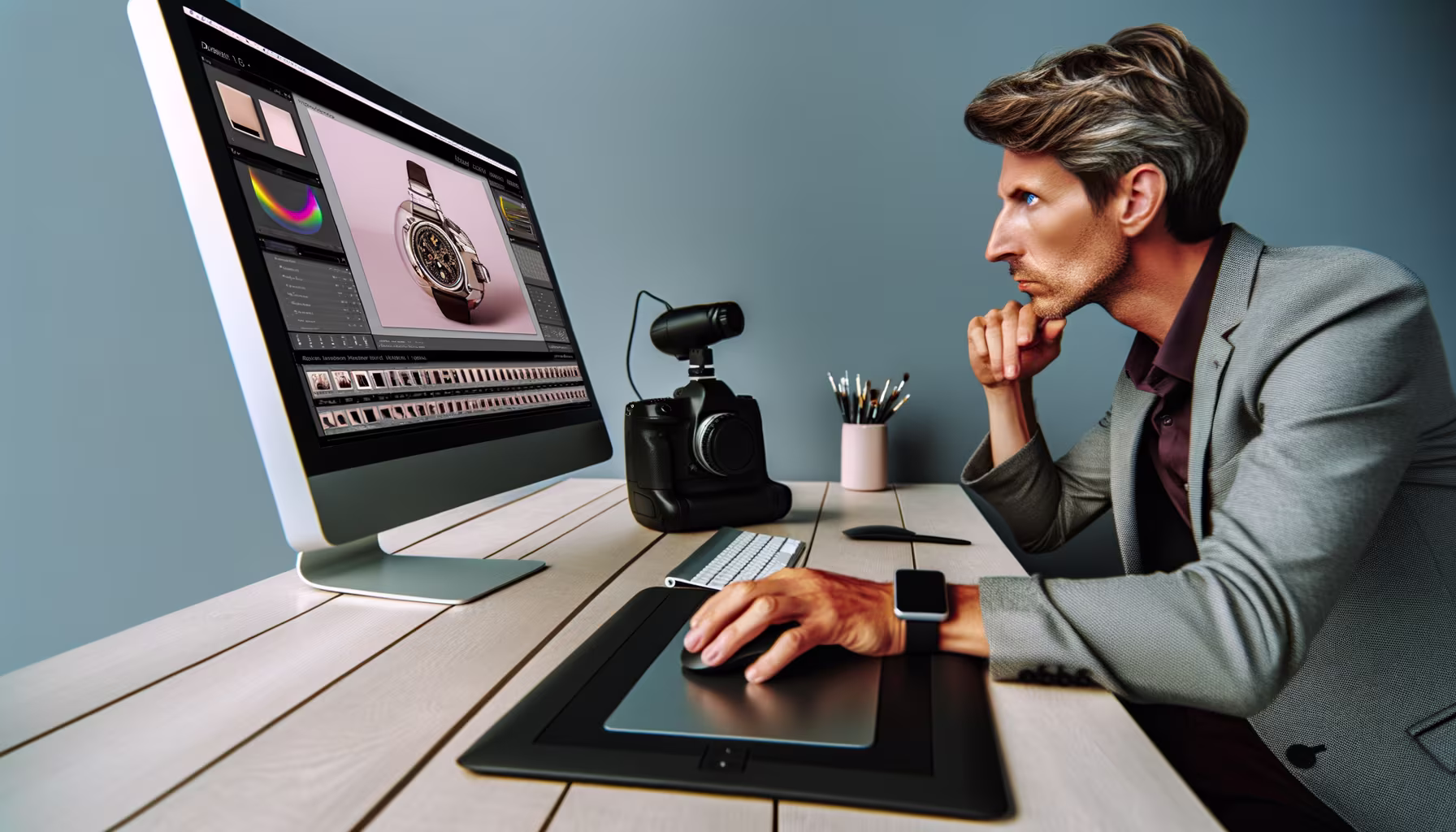 Ein Mann konzentriert sich auf die Bildbearbeitung einer Armbanduhr auf einem Computermonitor und nutzt dabei ein Grafiktablett.