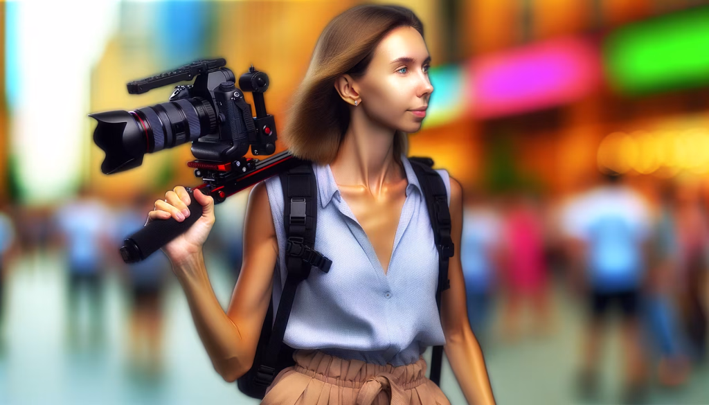 Eine junge Frau mit einer professionellen Videokamera-Ausrüstung auf der Schulter ist in einer belebten, farbenfrohen Stadtumgebung unterwegs.
