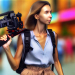 Eine junge Frau mit einer professionellen Videokamera-Ausrüstung auf der Schulter ist in einer belebten, farbenfrohen Stadtumgebung unterwegs.