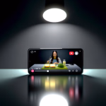 Ein Smartphone zeigt einen Live-Stream einer Köchin, die vor Lebensmitteln und Küchenutensilien steht. Das Handy liegt auf einer dunklen, spiegelnden Oberfläche und wird von einem Scheinwerfer beleuchtet.