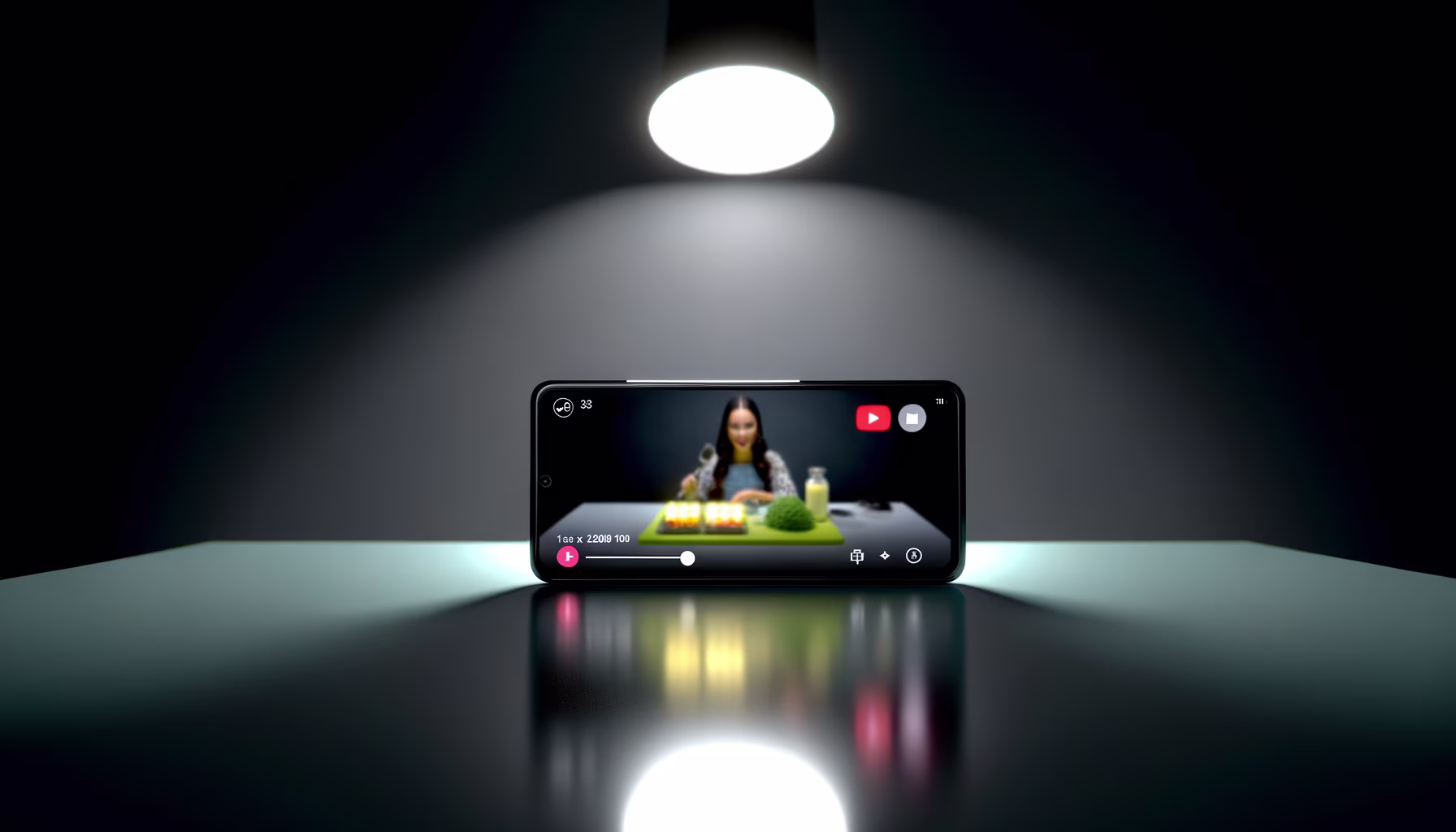 Ein Smartphone zeigt einen Live-Stream einer Köchin, die vor Lebensmitteln und Küchenutensilien steht. Das Handy liegt auf einer dunklen, spiegelnden Oberfläche und wird von einem Scheinwerfer beleuchtet.