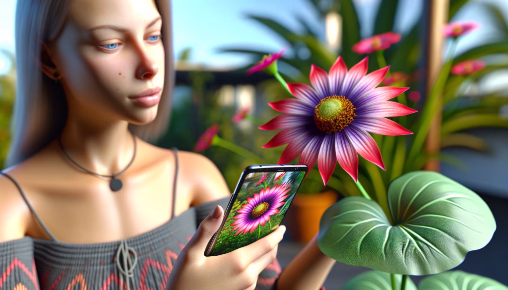 Eine Frau betrachtet eine leuchtend bunte Blume und hält dabei ein Smartphone, auf dessen Display eine ähnliche Blume abgebildet ist.