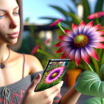Eine Frau betrachtet eine leuchtend bunte Blume und hält dabei ein Smartphone, auf dessen Display eine ähnliche Blume abgebildet ist.