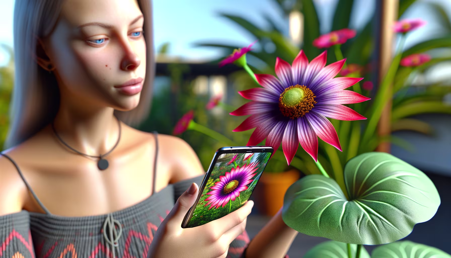 Eine Frau betrachtet eine leuchtend bunte Blume und hält dabei ein Smartphone, auf dessen Display eine ähnliche Blume abgebildet ist.