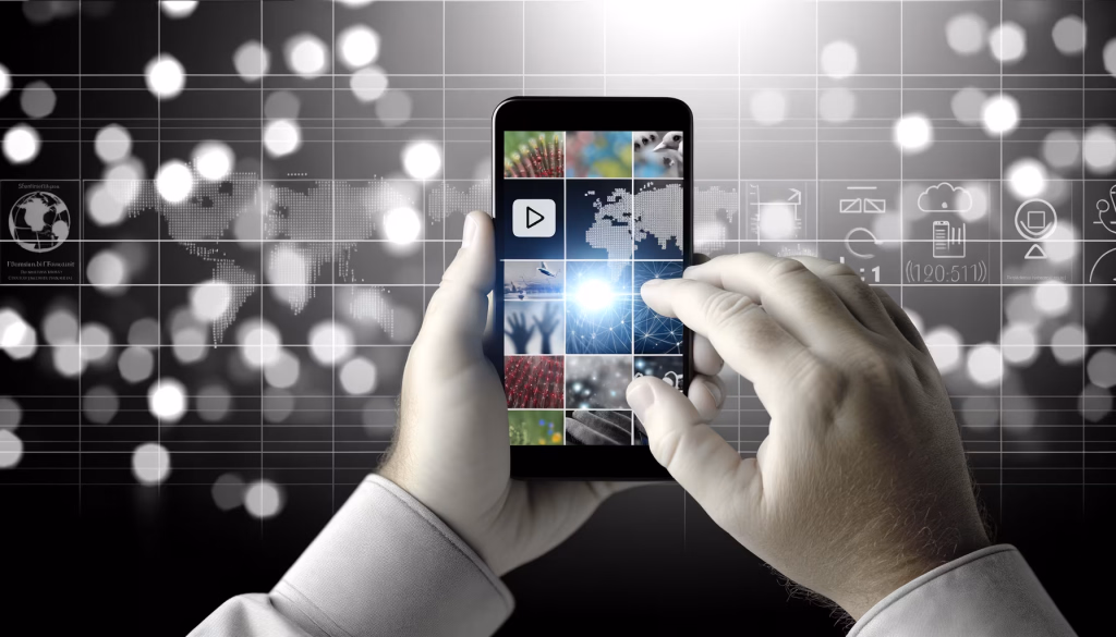 Eine Person hält ein Smartphone und interagiert mit einer digitalen Oberfläche, die eine Galerie von Bildern und ein verbundenes Netzwerk auf einem futuristischen Hintergrund mit globalen Daten darstellt.