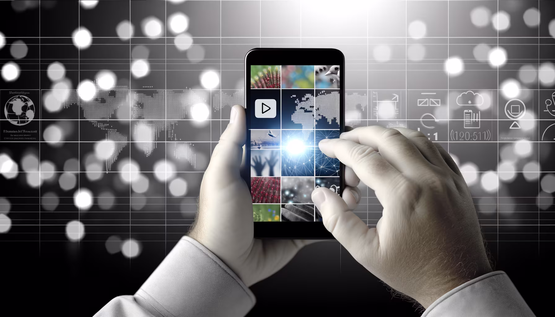 Eine Person hÀlt ein Smartphone und interagiert mit einer digitalen OberflÀche, die eine Galerie von Bildern und ein verbundenes Netzwerk auf einem futuristischen Hintergrund mit globalen Daten darstellt.