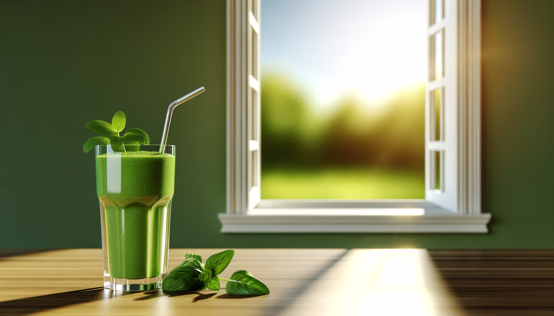 Hier sind die Vorschläge: **Vorgeschlagener Text:** Der perfekte Start in den Tag beginnt oft mit bewussten Entscheidungen. Unser köstlicher grüner Smoothie ist nicht nur eine wahre Vitaminbombe, sondern auch ein Genuss für die Sinne. Stellen Sie sich vor: Die ersten Sonnenstrahlen fallen durchs Fenster, der Duft frischer Kräuter liegt in der Luft, und vor Ihnen steht dieses erfrischende Elixier. Mit nur wenigen Zutaten zaubern Sie im Handumdrehen einen Energie-Booster, der Sie vital und voller Tatendrang in den Tag begleitet. Entdecken Sie heute unser Lieblingsrezept für einen belebenden grünen Smoothie und fühlen Sie, wie gut es tut, sich selbst etwas Gutes zu tun. --- **Alternativtext:** Ein erfrischender grüner Smoothie mit Minze und Metallstrohhalm auf einem Holztisch, beleuchtet durch Sonnenlicht, das durch ein offenes Fenster fällt.