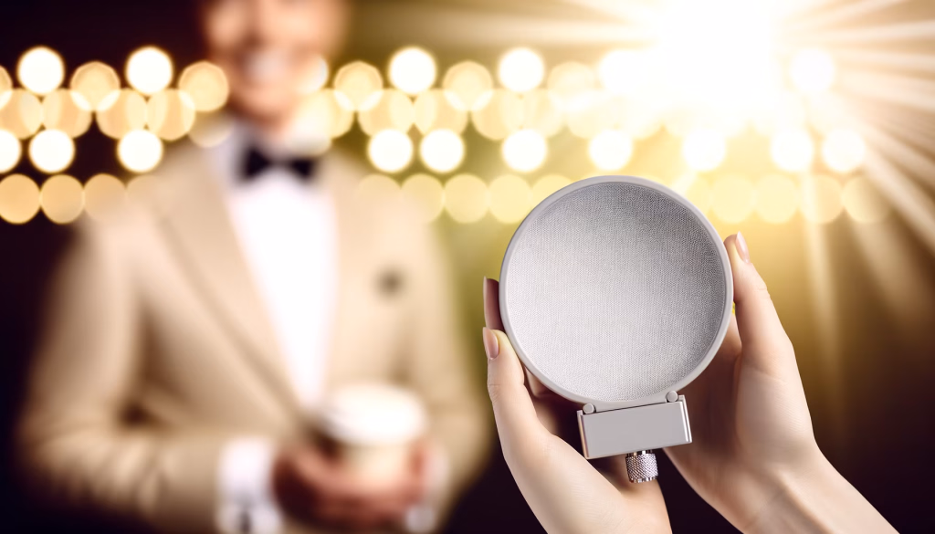 Hände halten einen Mikrofon-Popfilter vor einem unscharfen Sprecher in eleganter Kleidung und festlicher Beleuchtung.