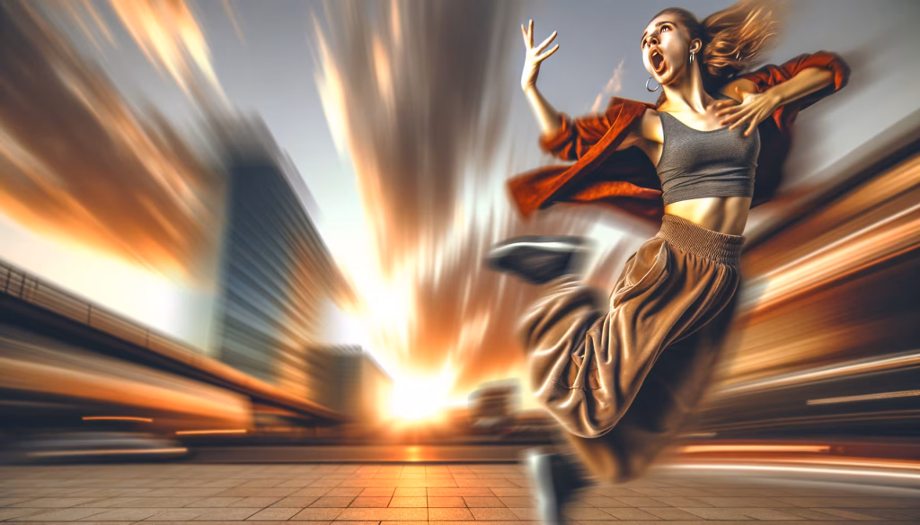 Eine junge Frau in dynamischer Tanzpose springt vor einem verwischten Stadthintergrund bei Sonnenuntergang.