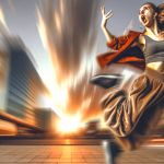 Eine junge Frau in dynamischer Tanzpose springt vor einem verwischten Stadthintergrund bei Sonnenuntergang.