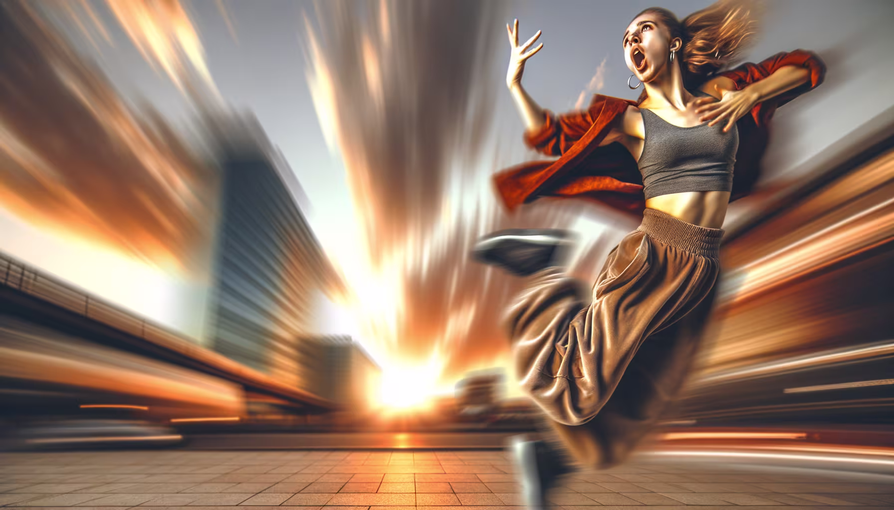 Eine junge Frau in dynamischer Tanzpose springt vor einem verwischten Stadthintergrund bei Sonnenuntergang.