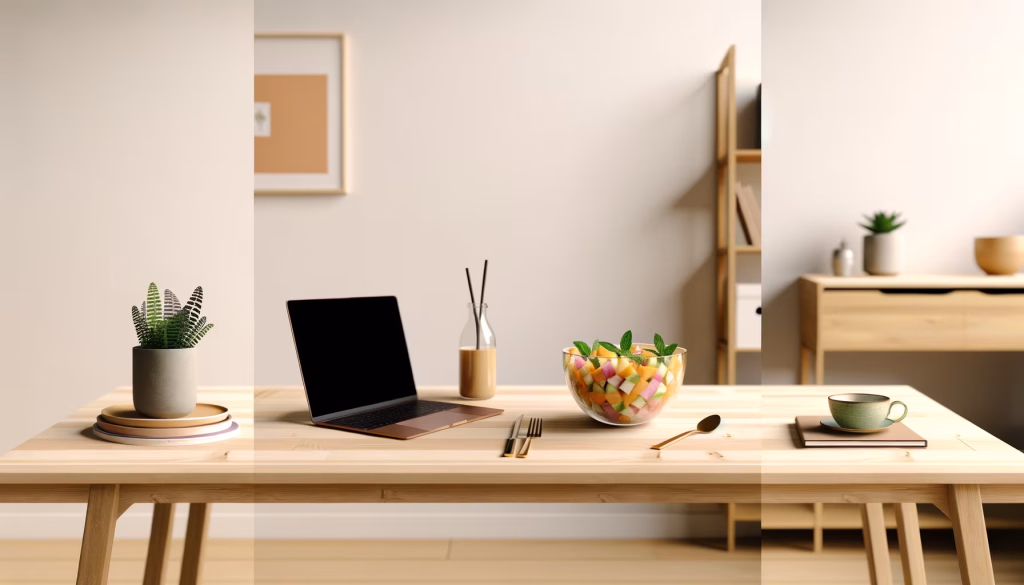 Dieser aufgeräumte und einladende Arbeitsbereich auf einem hellen Holztisch verbindet Produktivität mit gesunder Ernährung und einer beruhigenden Ästhetik. Im Zentrum steht ein geöffneter Laptop, der zum konzentrierten Arbeiten einlädt, begleitet von einer Flasche mit einem cremefarbenen Getränk und stilvollem Besteck. Direkt daneben lockt eine transparente Schale voller farbenfrohem Obstsalat, verziert mit frischer Minze, als nahrhafter Snack. Auf der linken Seite des Tisches sorgt eine kleine, grüne Topfpflanze auf einem Stapel Tellern für einen natürlichen Akzent und frische Luft. Rechts rundet eine Teetasse auf einem Notizbuch die Szenerie ab und suggeriert einen Moment der Ruhe und Reflexion. Der helle, minimalistische Hintergrund mit einem gerahmten Bild und einem Holzregal unterstreicht die ruhige und inspirierende Atmosphäre dieses modernen Raumes, ideal für kreatives Schaffen und Wohlbefinden. **Alternativtext:** Ein heller Holztisch mit einem Laptop, einer Schale Obstsalat, einer Pflanze und einer Teetasse, in einem modernen Raum mit minimalistischer Einrichtung.