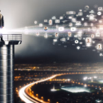 Junge Person auf einem hohen Turm strahlt digitale Netzwerksymbole über eine Stadtlandschaft bei Nacht aus.