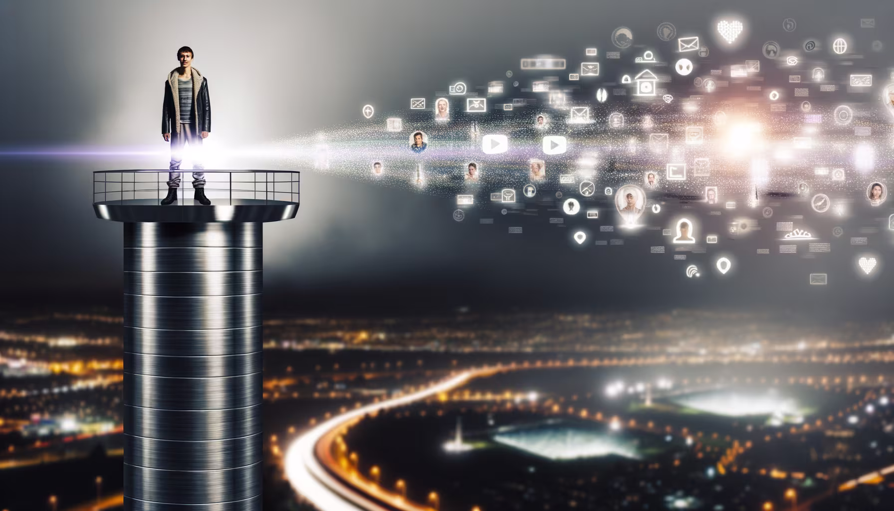 Junge Person auf einem hohen Turm strahlt digitale Netzwerksymbole über eine Stadtlandschaft bei Nacht aus.
