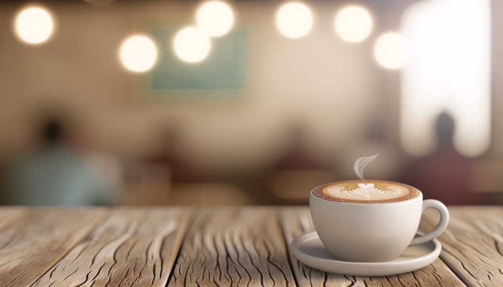 **Vorgeschlagener Text:** Ein Moment der Ruhe und des Genusses: Eine Tasse kunstvoll verzierter Kaffee auf einem Holztisch, im warmen Ambiente eines Cafés. **Alternativtext:** Eine dampfende Tasse Kaffee mit Latte Art auf einem Holztisch in einem gemütlichen Café.