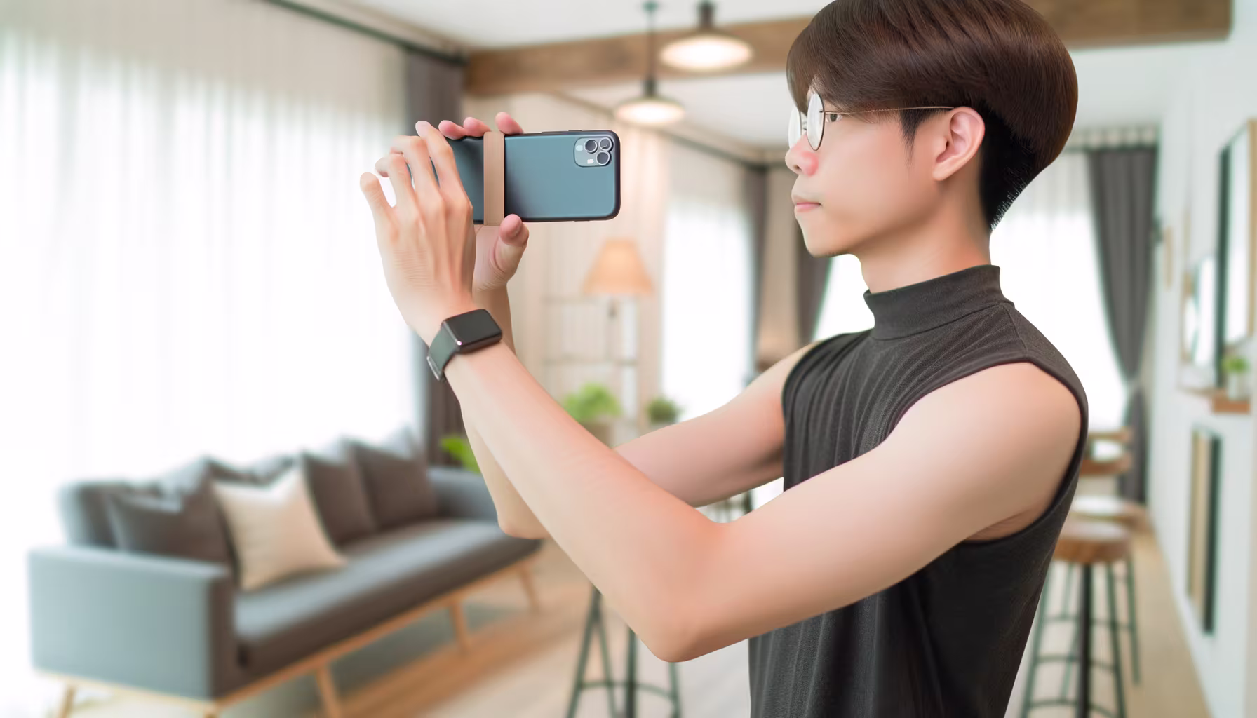**Textvorschlag:** Eine junge Person mit kurzen, dunklen Haaren und einer runden Brille hält ein dunkles Smartphone waagerecht in beiden Händen, als würde sie filmen oder fotografieren. Sie trägt ein ärmelloses, geripptes Rollkragenoberteil in Dunkelgrau und eine schwarze Smartwatch am linken Handgelenk. Der Hintergrund ist ein unscharfer, modern eingerichteter Wohnbereich mit einem Sofa, hellen Vorhängen, Stehlampen und einem Bartresen. **Alternativtext:** Junge Person filmt mit Smartphone einen modernen Wohnbereich.