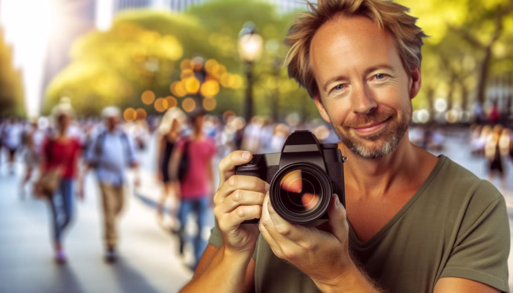 **Vorgeschlagener Text:** Ein freundlich lächelnder Mann mit Bart und blondem Haar hält eine Digitalkamera in den Händen und blickt direkt in die Kamera. Im unscharfen Hintergrund ist eine belebte Stadtpromenade bei Tageslicht zu sehen, auf der zahlreiche Menschen unterwegs sind. Die Szenerie ist in warmes, goldenes Licht getaucht, was eine lebendige und einladende Atmosphäre schafft. **Alternativtext:** Ein lächelnder Mann hält eine Kamera in den Händen, mit einer belebten Stadtstraße im unscharfen Hintergrund.