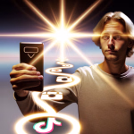 Der Pfad zum Viral-Erfolg: Wie dein Content auf Social Media explodiert --- Ein junger Mann hält ein Smartphone, aus dem ein leuchtender Pfad mit Symbolen für Fotos und Videos zu einer strahlenden Lichtquelle führt. Das Bild steht für die Reise der Content-Erstellung und den Weg zum digitalen Erfolg.