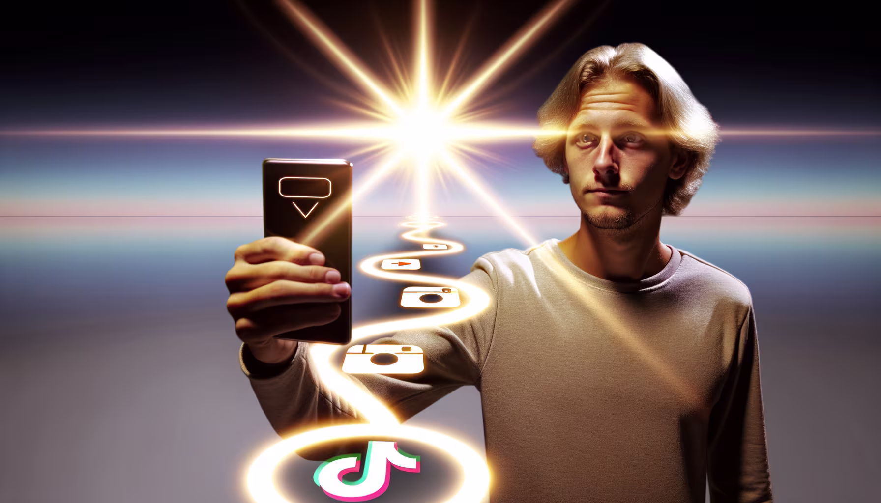 Der Pfad zum Viral-Erfolg: Wie dein Content auf Social Media explodiert --- Ein junger Mann hält ein Smartphone, aus dem ein leuchtender Pfad mit Symbolen für Fotos und Videos zu einer strahlenden Lichtquelle führt. Das Bild steht für die Reise der Content-Erstellung und den Weg zum digitalen Erfolg.