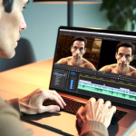 **Vorgeschlagener Text:** Ein Mann ist konzentriert am Laptop und bearbeitet ein Video. Auf dem Bildschirm zeigt die Videobearbeitungssoftware die Vorschau eines Clips mit einem Mann und mehrere Zeitleisten mit Videospuren an. **Alternativtext:** Eine Person bearbeitet ein Video auf einem Laptop, wobei auf dem Bildschirm eine Videoschnittsoftware mit Vorschaubildern eines Mannes und Zeitleisten zu sehen ist.