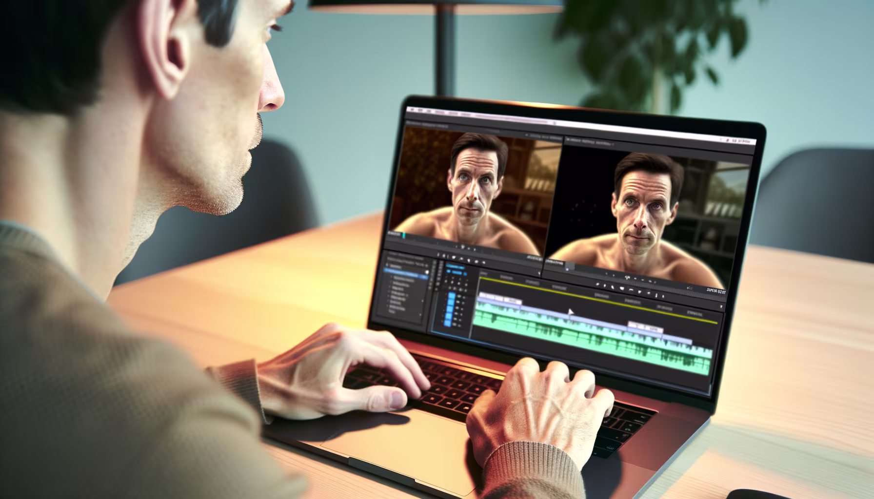 **Vorgeschlagener Text:** Ein Mann ist konzentriert am Laptop und bearbeitet ein Video. Auf dem Bildschirm zeigt die Videobearbeitungssoftware die Vorschau eines Clips mit einem Mann und mehrere Zeitleisten mit Videospuren an. **Alternativtext:** Eine Person bearbeitet ein Video auf einem Laptop, wobei auf dem Bildschirm eine Videoschnittsoftware mit Vorschaubildern eines Mannes und Zeitleisten zu sehen ist.