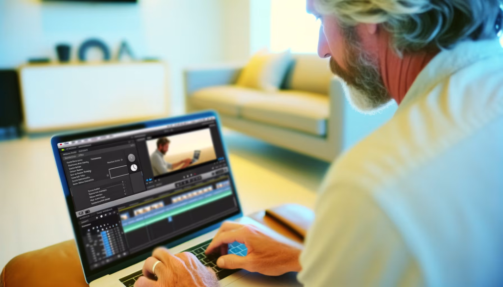 Ein Mann mit Bart sitzt konzentriert vor seinem Laptop und bearbeitet Videos. Auf dem Bildschirm ist eine Videoschnittsoftware geöffnet, die eine Zeitleiste und ein Vorschaubild zeigt. Im Hintergrund deutet ein modernes Wohnzimmer auf eine entspannte, aber produktive Arbeitsumgebung zu Hause hin. Die Szene vermittelt die Flexibilität und kreativen Möglichkeiten, die die digitale Arbeit oder das Hobby der Videobearbeitung bietet. **Alternativtext:** Ein Mann mit Bart sitzt zu Hause auf einem Sofa und bearbeitet ein Video auf seinem Laptop.