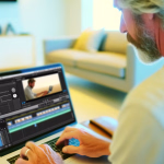 Ein Mann mit Bart sitzt konzentriert vor seinem Laptop und bearbeitet Videos. Auf dem Bildschirm ist eine Videoschnittsoftware geöffnet, die eine Zeitleiste und ein Vorschaubild zeigt. Im Hintergrund deutet ein modernes Wohnzimmer auf eine entspannte, aber produktive Arbeitsumgebung zu Hause hin. Die Szene vermittelt die Flexibilität und kreativen Möglichkeiten, die die digitale Arbeit oder das Hobby der Videobearbeitung bietet. **Alternativtext:** Ein Mann mit Bart sitzt zu Hause auf einem Sofa und bearbeitet ein Video auf seinem Laptop.