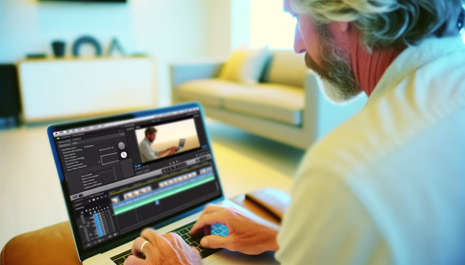 Ein Mann mit Bart sitzt konzentriert vor seinem Laptop und bearbeitet Videos. Auf dem Bildschirm ist eine Videoschnittsoftware geöffnet, die eine Zeitleiste und ein Vorschaubild zeigt. Im Hintergrund deutet ein modernes Wohnzimmer auf eine entspannte, aber produktive Arbeitsumgebung zu Hause hin. Die Szene vermittelt die Flexibilität und kreativen Möglichkeiten, die die digitale Arbeit oder das Hobby der Videobearbeitung bietet. **Alternativtext:** Ein Mann mit Bart sitzt zu Hause auf einem Sofa und bearbeitet ein Video auf seinem Laptop.