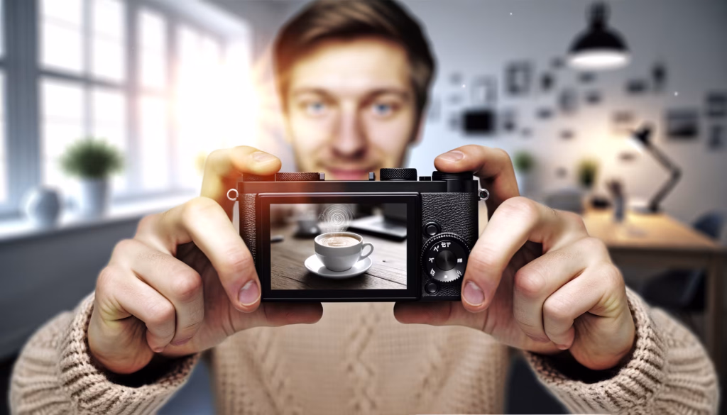 Eine Person hält eine Digitalkamera, die eine dampfende Kaffeetasse auf ihrem Display zeigt, wobei der Fotograf im Hintergrund verschwommen ist.
