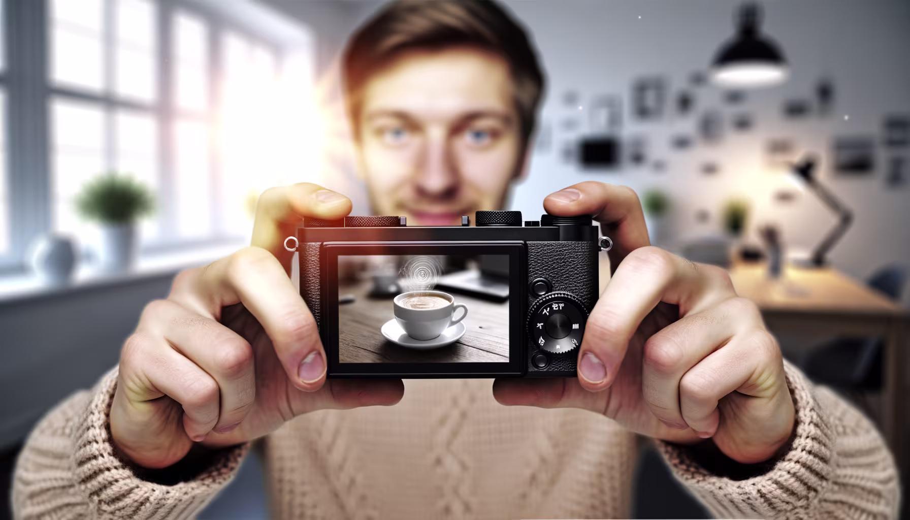 Eine Person hält eine Digitalkamera, die eine dampfende Kaffeetasse auf ihrem Display zeigt, wobei der Fotograf im Hintergrund verschwommen ist.