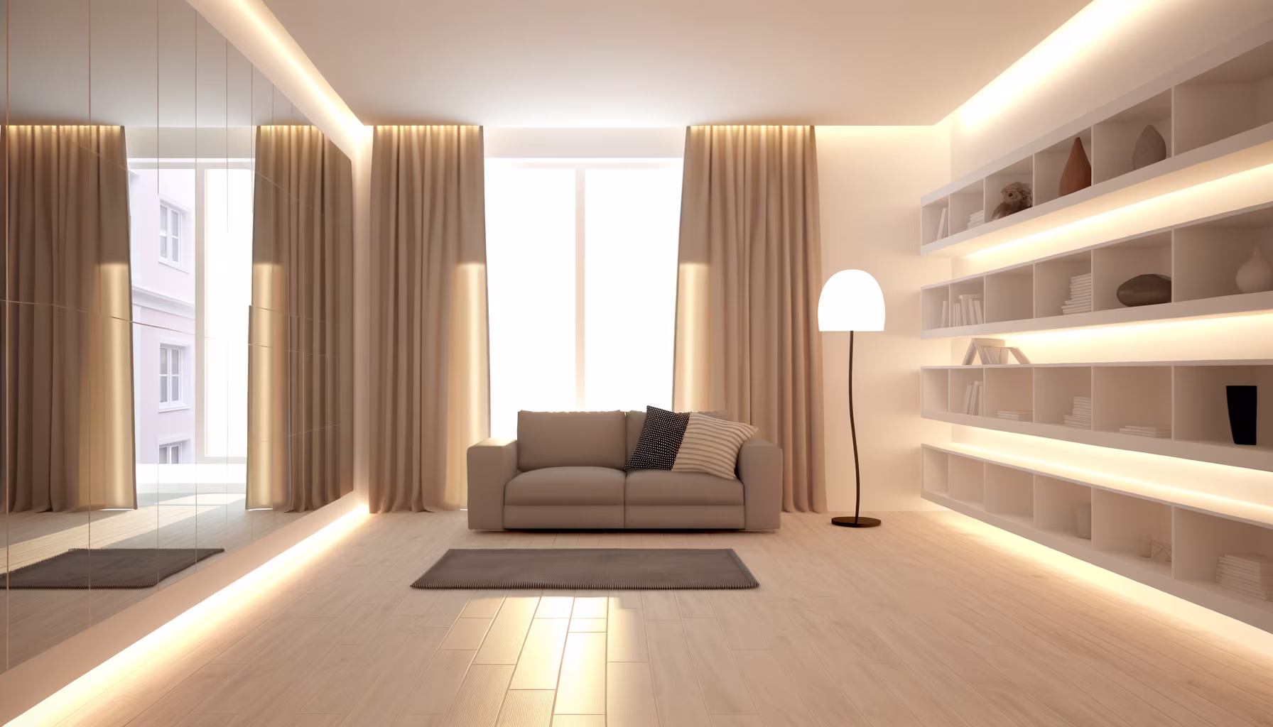 Modernes, helles Wohnzimmer mit minimalistischem Sofa, großen Fenstern, beigen Vorhängen und einer Wand aus beleuchteten weißen Regalen. Eine Spiegelfläche auf der linken Seite und LED-Streifen an Decke und Boden betonen die Helligkeit und den Raum.