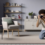 **Vorgeschlagener Text:** Ein junger Mann mit dunkler Afro-Frisur kniet auf einem hellen Teppich in einem modern eingerichteten Wohnzimmer. Er hält eine Kamera vor sein Gesicht, blickt lächelnd durch den Sucher und scheint gerade ein Foto aufzunehmen. Der helle und wohnliche Raum ist mit einer Fensterfront, grünen Vorhängen, einem kleinen Beistelltisch mit einer Topfpflanze, einem gemütlichen Sessel mit grünem Kissen, einem Regal mit Dekorationen und einem Sideboard ausgestattet. **Alternativtext:** Junger Mann mit Afro-Frisur kniet in einem hellen Wohnzimmer und nimmt lächelnd ein Foto mit einer Kamera auf.