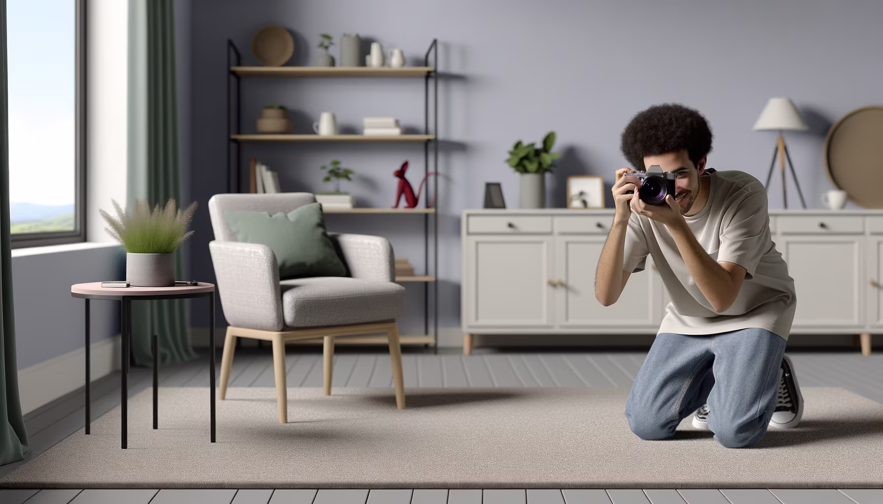 **Vorgeschlagener Text:** Ein junger Mann mit dunkler Afro-Frisur kniet auf einem hellen Teppich in einem modern eingerichteten Wohnzimmer. Er hält eine Kamera vor sein Gesicht, blickt lächelnd durch den Sucher und scheint gerade ein Foto aufzunehmen. Der helle und wohnliche Raum ist mit einer Fensterfront, grünen Vorhängen, einem kleinen Beistelltisch mit einer Topfpflanze, einem gemütlichen Sessel mit grünem Kissen, einem Regal mit Dekorationen und einem Sideboard ausgestattet. **Alternativtext:** Junger Mann mit Afro-Frisur kniet in einem hellen Wohnzimmer und nimmt lächelnd ein Foto mit einer Kamera auf.