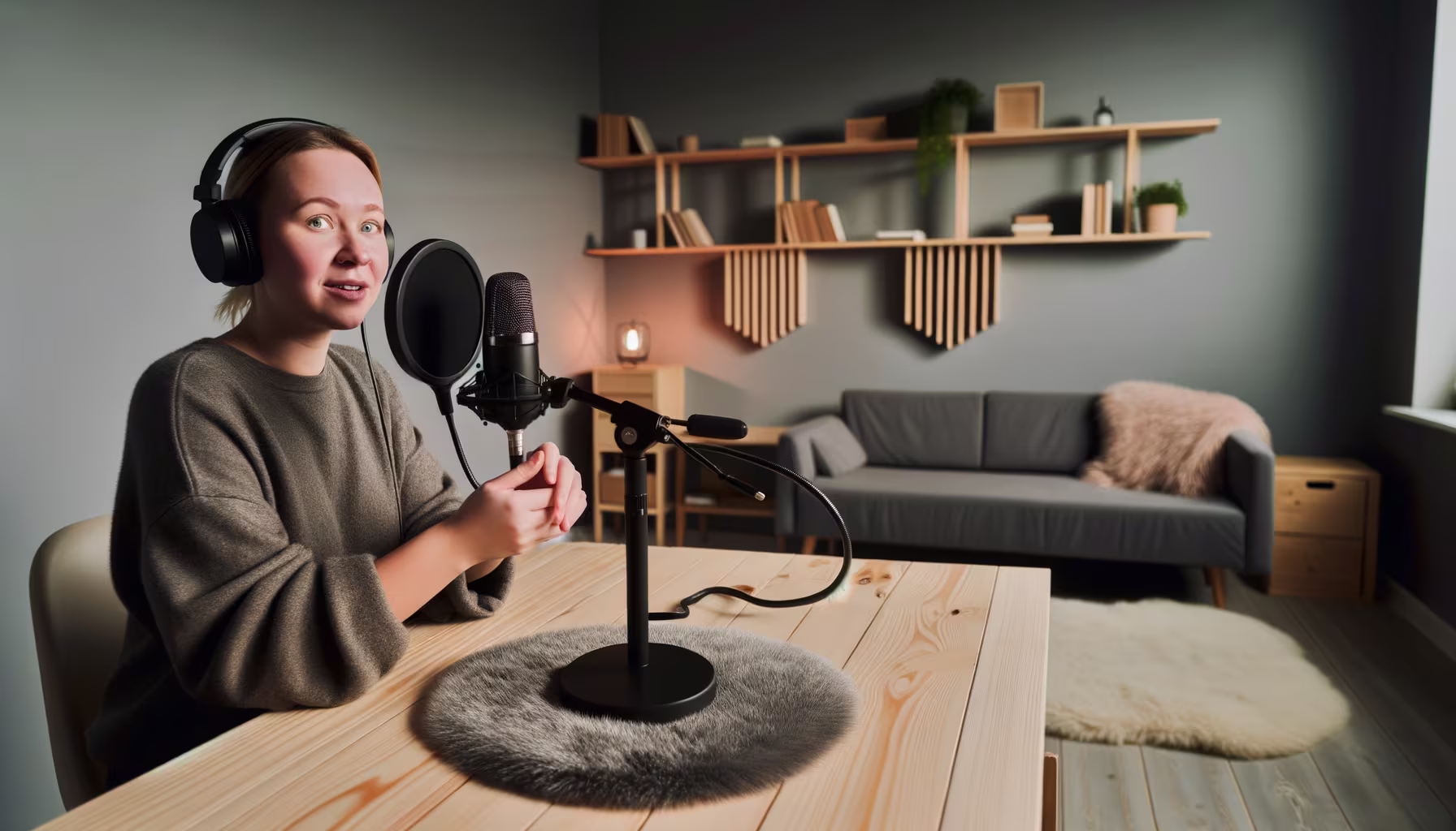 **Vorgeschlagener Text für den Blogbeitrag:** Eine Frau mit Kopfhörern und Mikrofon sitzt an einem Holztisch in einem modern eingerichteten Raum, bereit für eine Podcast-Aufnahme oder eine Online-Diskussion. **Alternativtext:** Junge Frau mit Kopfhörern und Mikrofon an einem Holztisch in einem modernen Raum, bereit für eine Aufnahme.