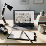 Ein aufgeräumter und inspirierender Arbeitsplatz, der Kreativität und Produktivität fördert. Auf dem Schreibtisch aus hellem Holz befinden sich eine professionelle Kamera, ein Laptop mit einer Galerie von Innenraumdesigns, ein Stapel Bücher mit einer kleinen Pflanze, eine Tasse Kaffee und ein Notizbuch mit Stift. Warmes Tageslicht flutet den Raum durch ein großes Fenster und schafft eine angenehme Atmosphäre zum Arbeiten und Lernen. **Alternativtext:** Ein heller Holzschreibtisch, beleuchtet von Sonnenlicht, mit einer Kamera, einem Laptop, auf dem Raumdesigns angezeigt werden, einem Stapel Bücher, einer Sukkulente, einer Kaffeetasse und einem Notizbuch mit Stift.