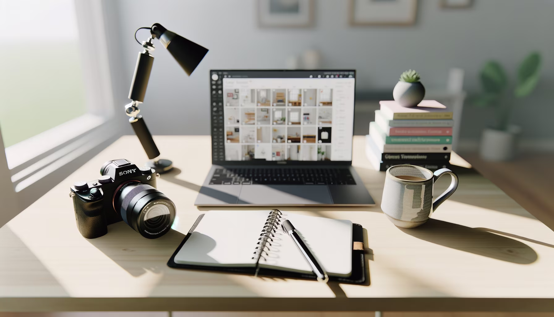 Ein aufgeräumter und inspirierender Arbeitsplatz, der Kreativität und Produktivität fördert. Auf dem Schreibtisch aus hellem Holz befinden sich eine professionelle Kamera, ein Laptop mit einer Galerie von Innenraumdesigns, ein Stapel Bücher mit einer kleinen Pflanze, eine Tasse Kaffee und ein Notizbuch mit Stift. Warmes Tageslicht flutet den Raum durch ein großes Fenster und schafft eine angenehme Atmosphäre zum Arbeiten und Lernen. **Alternativtext:** Ein heller Holzschreibtisch, beleuchtet von Sonnenlicht, mit einer Kamera, einem Laptop, auf dem Raumdesigns angezeigt werden, einem Stapel Bücher, einer Sukkulente, einer Kaffeetasse und einem Notizbuch mit Stift.