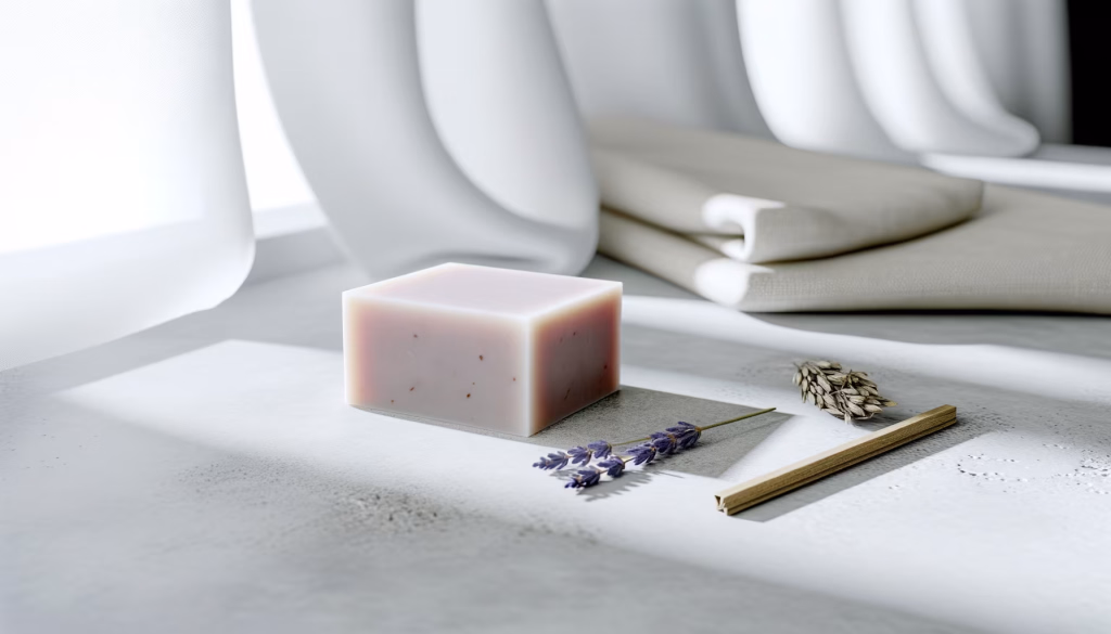 **Vorgeschlagener Blogbeitragstext:** Entfliehe dem Alltag und tauche ein in einen Moment purer Entspannung mit unserer handgefertigten Naturseife. Dieses liebevoll kreierte Stück Seife, dessen zarte rosa-braune Färbung und feine Textur bereits optisch verwöhnen, ist angereichert mit den beruhigenden Essenzen des Lavendels und weiteren sorgfältig ausgewählten, natürlichen Inhaltsstoffen. Auf einer schlichten Oberfläche arrangiert, umgeben von einem frischen Lavendelzweig und getrockneten Ähren, symbolisiert es die Einfachheit und Reinheit, die wir uns in unserer Pflegeroutine wünschen. Lass den sanften Duft und die pflegende Wirkung deine Sinne beleben und deine Haut verwöhnen. Ein kleines Stück Luxus, das Natur und Wohlbefinden harmonisch vereint. --- **Alternativtext:** Ein quadratisches Stück hellrosa-braune Seife mit kleinen Partikeln, daneben ein Lavendelzweig und getrocknete Ähren auf einer hellgrauen Oberfläche. Im Hintergrund sind weiche weiße Stoffe und ein gefaltetes beiges Tuch zu sehen.