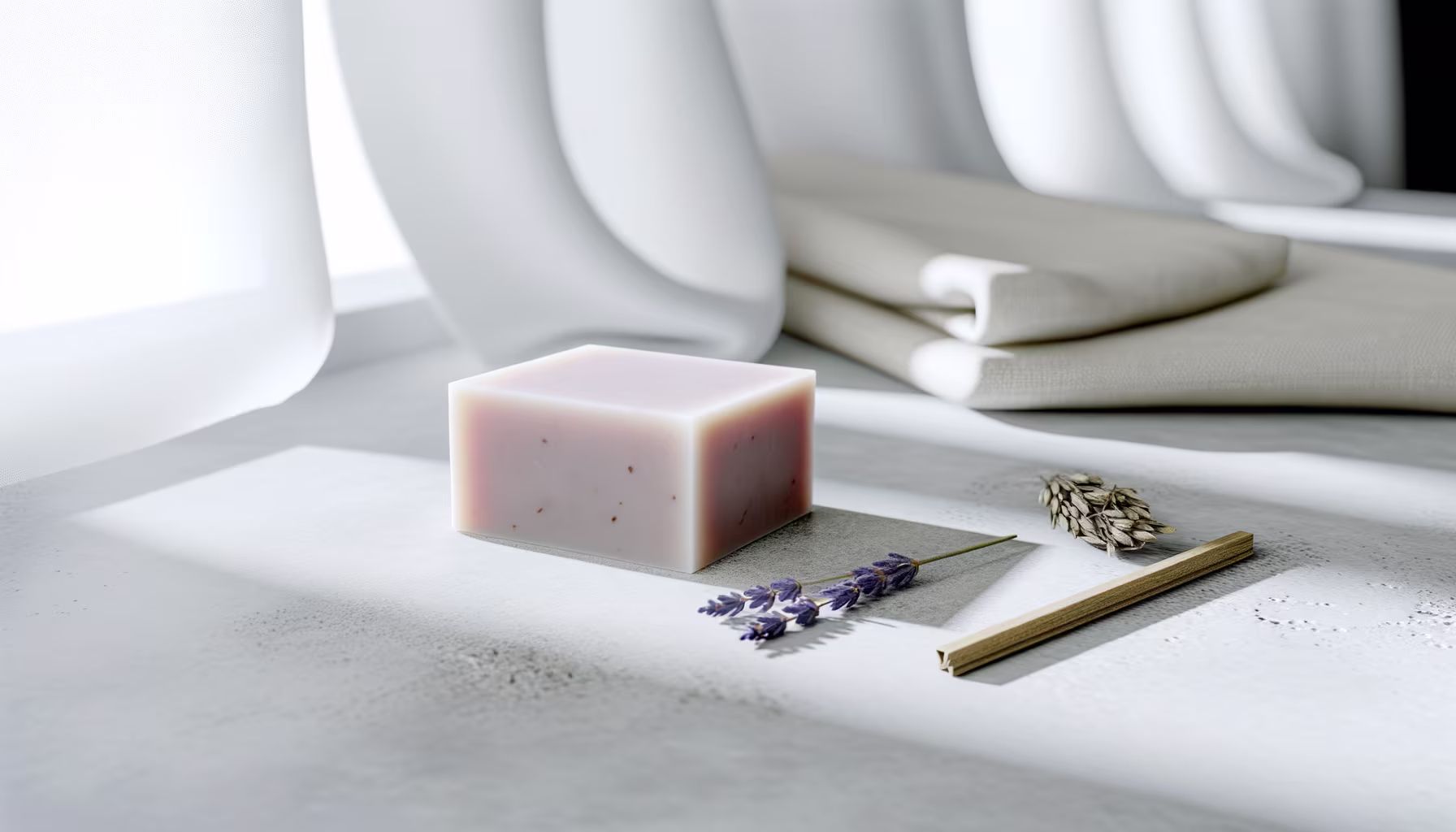 **Vorgeschlagener Blogbeitragstext:** Entfliehe dem Alltag und tauche ein in einen Moment purer Entspannung mit unserer handgefertigten Naturseife. Dieses liebevoll kreierte Stück Seife, dessen zarte rosa-braune Färbung und feine Textur bereits optisch verwöhnen, ist angereichert mit den beruhigenden Essenzen des Lavendels und weiteren sorgfältig ausgewählten, natürlichen Inhaltsstoffen. Auf einer schlichten Oberfläche arrangiert, umgeben von einem frischen Lavendelzweig und getrockneten Ähren, symbolisiert es die Einfachheit und Reinheit, die wir uns in unserer Pflegeroutine wünschen. Lass den sanften Duft und die pflegende Wirkung deine Sinne beleben und deine Haut verwöhnen. Ein kleines Stück Luxus, das Natur und Wohlbefinden harmonisch vereint. --- **Alternativtext:** Ein quadratisches Stück hellrosa-braune Seife mit kleinen Partikeln, daneben ein Lavendelzweig und getrocknete Ähren auf einer hellgrauen Oberfläche. Im Hintergrund sind weiche weiße Stoffe und ein gefaltetes beiges Tuch zu sehen.