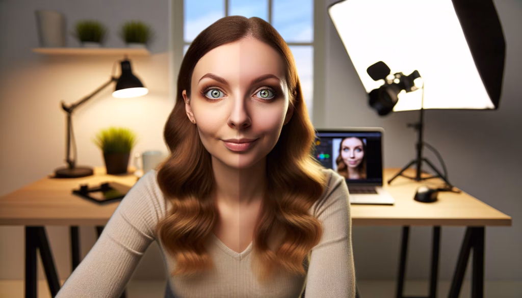 Porträt einer Frau mit einem vertikal geteilten Gesicht, das eine natürliche und eine bearbeitete oder geschminkte Seite zeigt, in einer Arbeitsumgebung mit Laptop und Fotostudio-Licht.