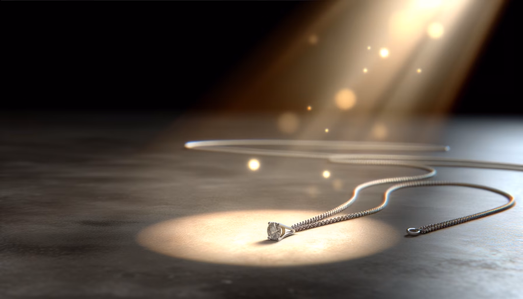 Ein glänzender Diamantanhänger an einer silbernen Kette liegt auf einer dunklen, texturierten Oberfläche, beleuchtet von einem hellen Scheinwerferlicht mit funkelnden Bokeh-Effekten.