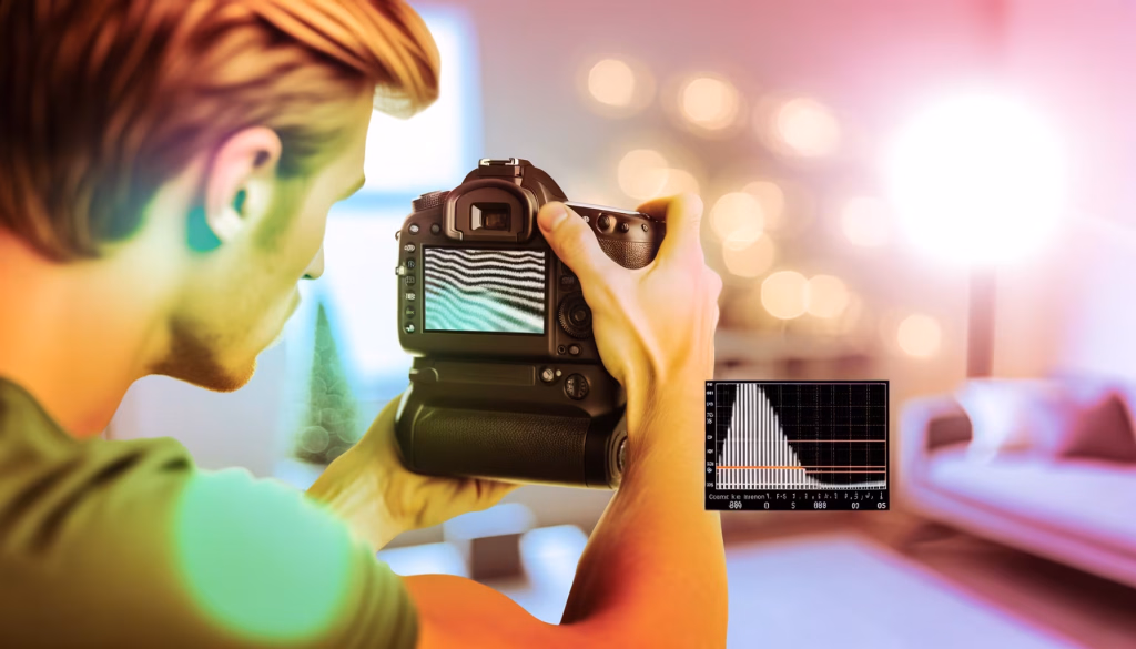 Eine Person hält eine Digitalkamera und betrachtet den Bildschirm, der ein Muster zur Belichtungswarnung anzeigt. Ein eingeblendetes Histogramm visualisiert die Helligkeitsverteilung des Bildes.