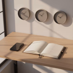 Ein minimalistischer Arbeitsplatz mit einem hellen Holzschreibtisch, auf dem ein Smartphone und ein offener Terminkalender liegen. An der Wand darüber hängen drei runde, moderne Uhren, die verschiedene Uhrzeiten anzeigen, alles in einem sonnendurchfluteten Raum.