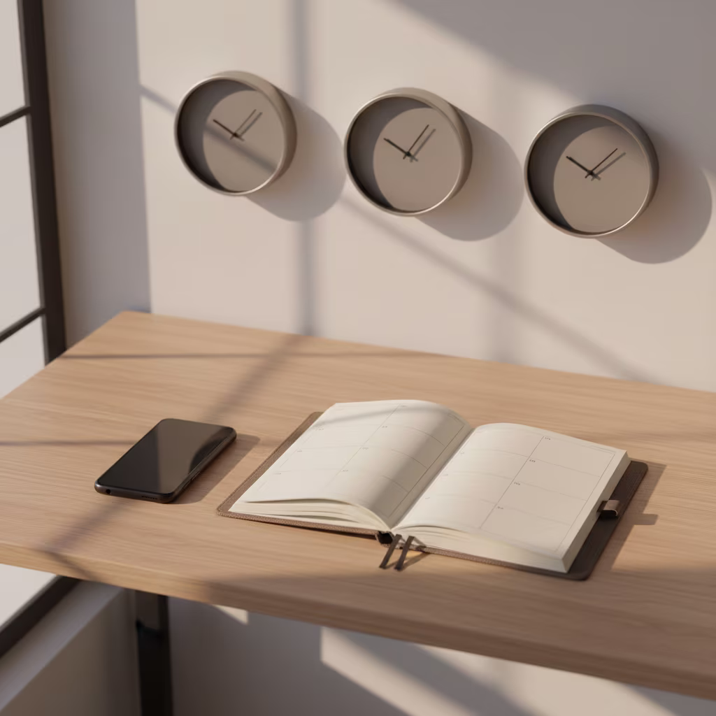 Ein minimalistischer Arbeitsplatz mit einem hellen Holzschreibtisch, auf dem ein Smartphone und ein offener Terminkalender liegen. An der Wand darüber hängen drei runde, moderne Uhren, die verschiedene Uhrzeiten anzeigen, alles in einem sonnendurchfluteten Raum.